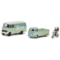 Schuco Modelle 26717 MHI Vespa set, MB L319, VW T1 Prit. & Vespa + 2 Figuren 1:87