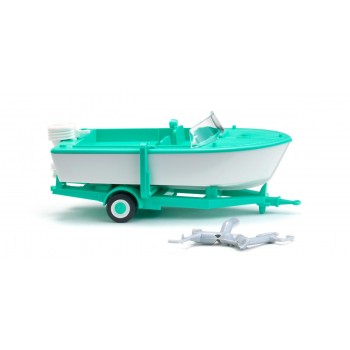 Wiking 009503 Motorboot auf Anhänger - signalweiß/mintgrün