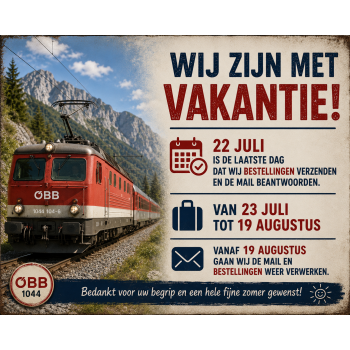 Wij zijn met vakantie van 23 juli tot en met 19 augustus. Op 22 juli zullen wij de laatste bestellingen en mails verwerken. Vanaf 19 augustus worden de bestellingen en mail weer verwerkt. Wij zijn met vakantie van 23 juli tot en met 19 augustus. Op 22 juli zullen wij de laatste bestellingen en mails verwerken. Vanaf 19 augustus worden de bestellingen en mail weer verwerkt.