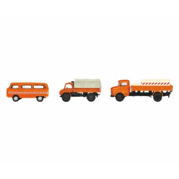Schuco 26556 MHI VW T2 MB L322 Unimog 404 set Oranje